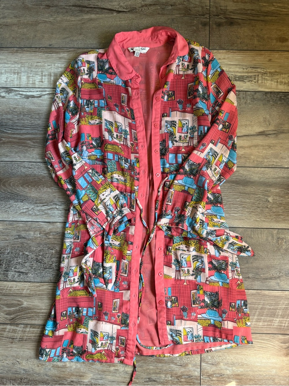 Yumi Coral Pink Novelty Interior Print Belted Shirt Dress Women’s US 10